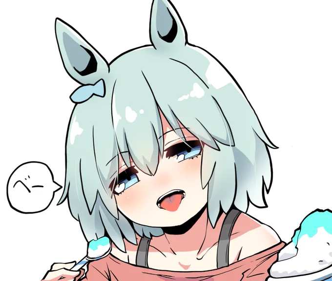 かき氷で青くなった舌を見せてくれる幼少期のセイウンスカイです #ウマ娘 