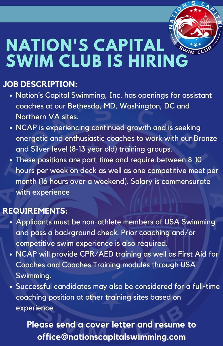 NCAPswim's tweet photo. Come coach for NCAP! 🏅 https://t.co/sEk5NhXa1E