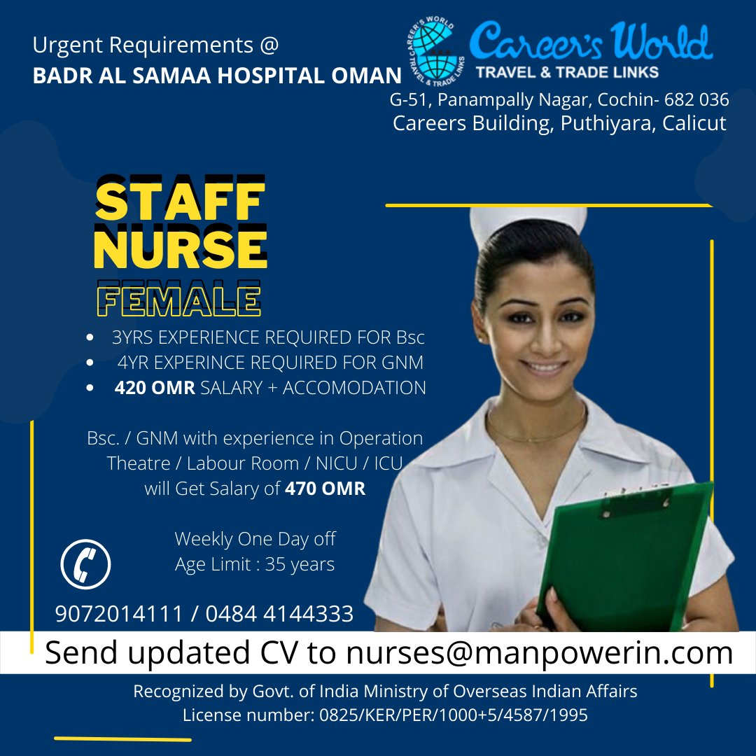 ManpowerIN's tweet photo. Staff Nurses for Oman Staff Nurses (Female) Job Vacancy in Badr Al Samaa Hospital https://t.co/VO3W00fo8o #overseasjobs #jobsoman #nursesjob #nursejoboman #jobsinoman #CareerWorld #BadrAlSamaa #Oman https://t.co/QuuoCqD20j