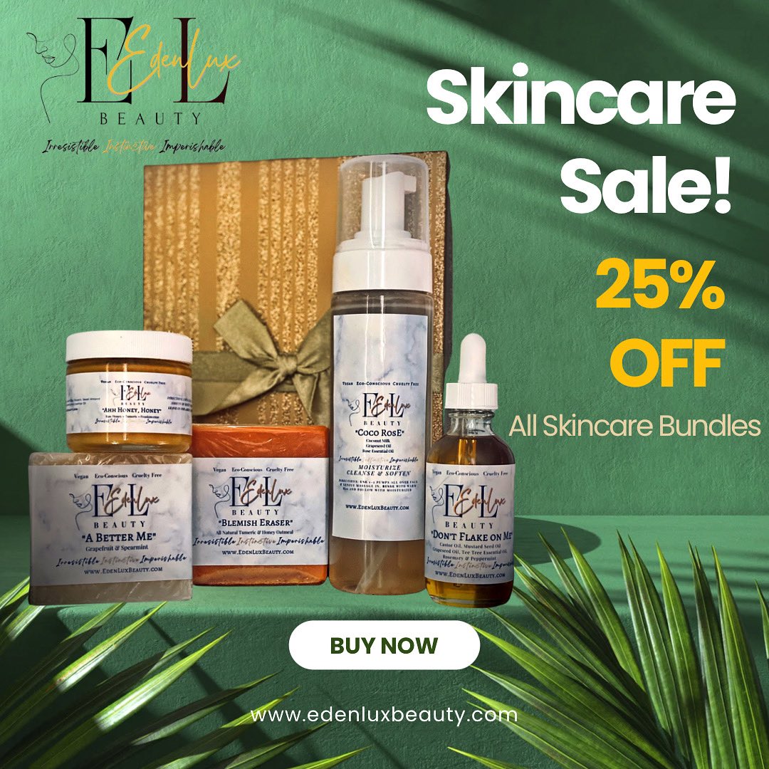 Saturday Sale! 
All Skincare Bundles are 25% off today!
Get your bundles while supplies last.
.
.
.
.
#allnatural #allnaturalskincareproducts #plantbasedskincareproducts #plantbasedskincare #skincare #skincareproducts #edenluxbeauty #beauty #BlackOwnedBusiness #SmallBusiness