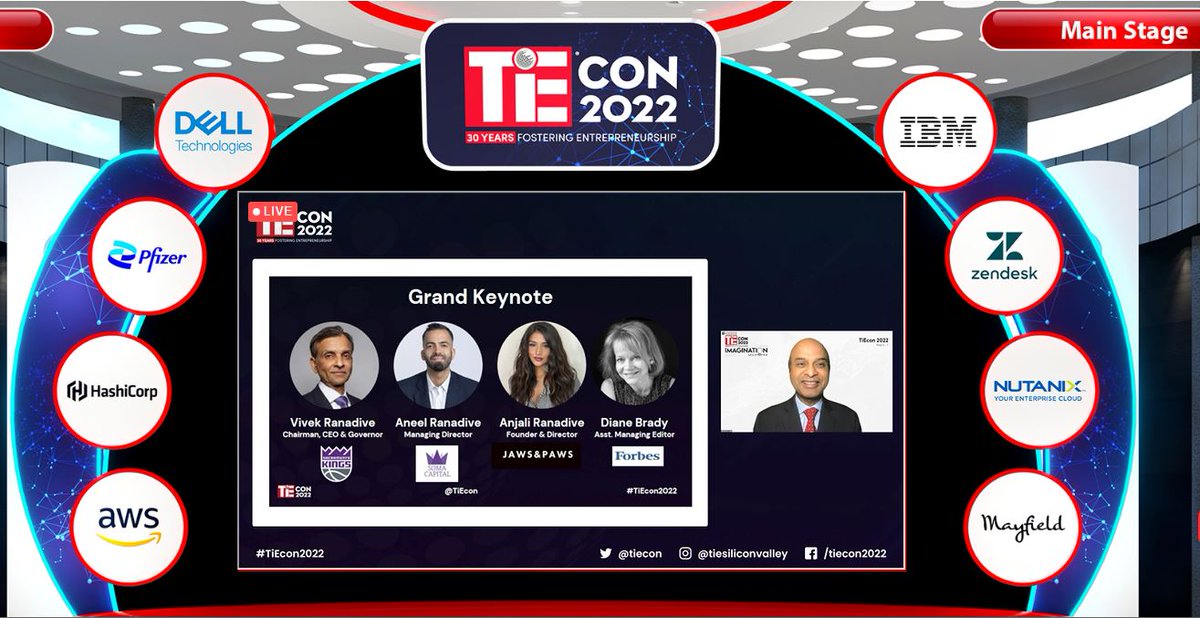 It was my pleasure to introduce this amazing trio of entrepreneurs <a href="/Vivek/">Vivek Ranadivé</a> <a href="/SacramentoKings/">Sacramento Kings</a> and <a href="/TIBCO/">TIBCO</a> Fame, <a href="/aneelr/">Aneel Ranadive</a> <a href="/SomaCapital/">Soma Capital</a> &amp; <a href="/Nani/">Anjali Ranadive</a> @jawsandpaws for the opening Grand Keynote with <a href="/dianebrady/">Diane Brady</a> of <a href="/Forbes/">Forbes</a> on the third and final day of #TiEcon2022. 

What an amazing story!