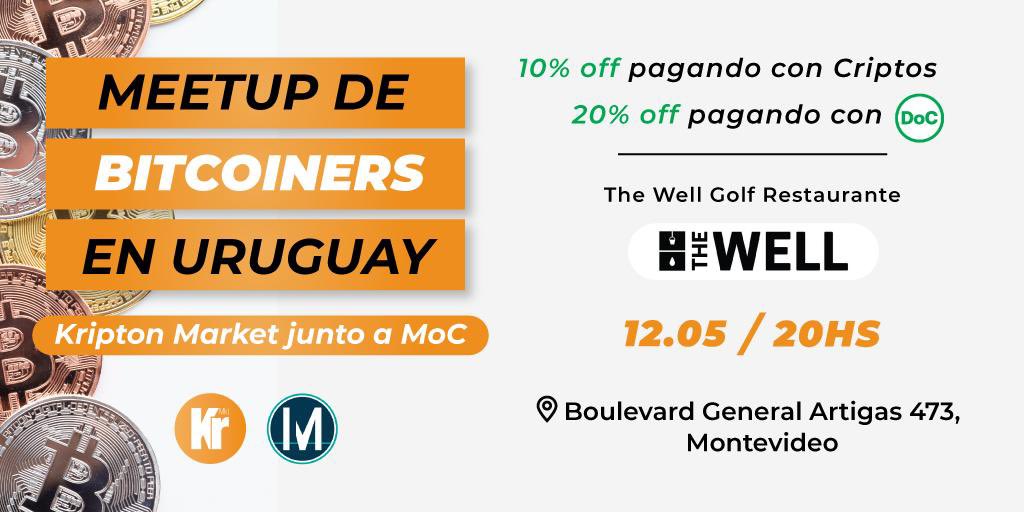 Atento #Uruguay 🇺🇾

Se viene el primer Meet Up presencial para conversar sobre #Bitcoin y conocernos!!! 

<a href="/moneyonchainES/">MoneyOnChain.com🔥🦡</a> y #Kriptonmarket juntos !  

Obten descuentos especiales en tus drinks 🥃 pagando con  $DoC  

Los esperamos 🤩