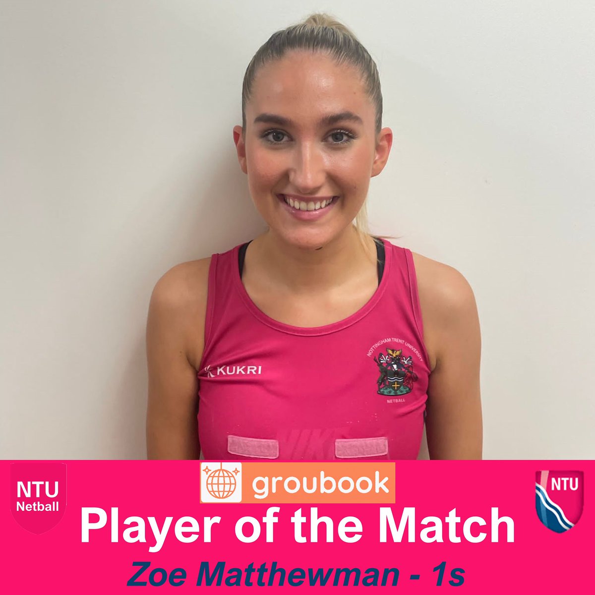 ntunetball's tweet photo. The final @GroubookGB POTM of the year๐งก
Some amazing shooting from 1s Captain Zoe at varsity earning her POTM in her last match for NTU Netball๐ฅฒ
#PinkArmy #ProudToBeNTU #ProudToBePink #NTUNetball #NTU #TrentArmy #UniversityNetball #NottsVarsity22 https://t.co/hpC3xXzGXG