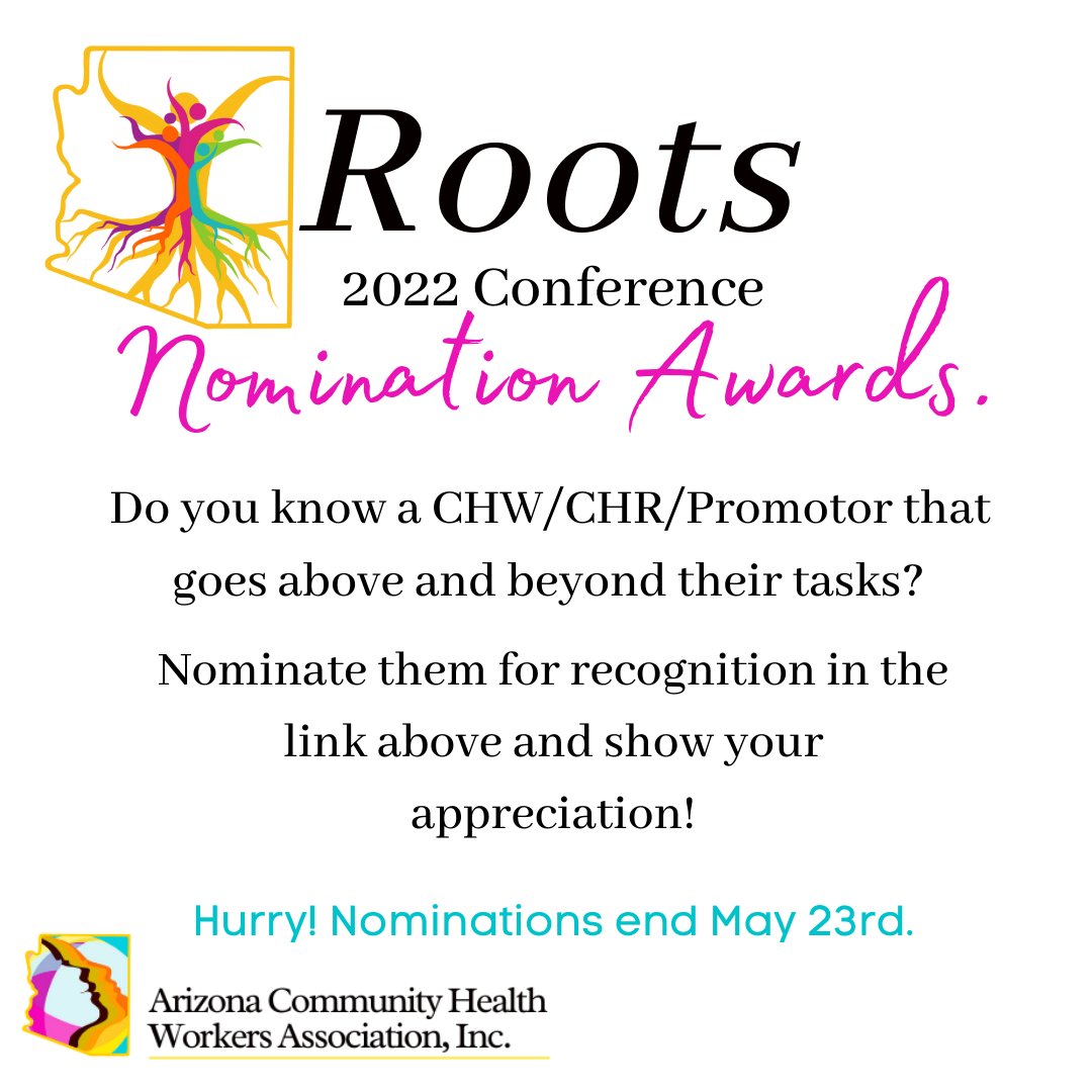 Az_CHOW's tweet photo. (1/2) Nominate your favorite CHW/CHR/Promotor/Promotora for the upcoming #AzCHOWAnnualConference to recognize their accomplishments! Use the link below for nominations. #Roots2022 #AzCHOW

Link: https://t.co/iCq8l68w58 https://t.co/pX2pvwmiys
