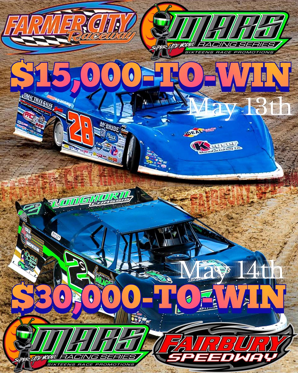 MARSDirtRacing's tweet photo. #IllinoisSpeedweeks will conclude with back-to-back nights for the @MarsLateModel Series at @FarmerCityRacin #FarmerCity74 & @FALS_NATION #SpringShootout May 13th-14th for two HUGE paydays. The BEST Late Model drivers in the country will flock to the "Land of Lincoln." https://t.co/bueF02TeeQ