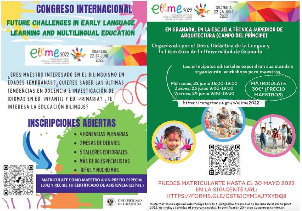 👩🏻‍🏫👨‍🏫¿ERES MAESTRO/A Y TE INTERESA LA EDUCACIÓN BILINGÜE?🗣️🧠👅 MATRICÚLATE EN NUESTRO CONGRESO INTERNACIONAL ELLME (22-24 JUNIO) A UN PRECIO ESPECIAL (30€) Y RECIBE TU CERTIFICADO (23h).

HASTA EL 30 MAYO 2022, EN EL SIGUIENTE ENLACE:
docs.google.com/forms/d/e/1FAI…