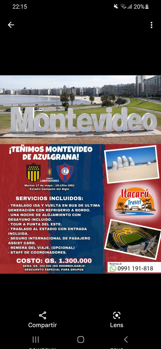 Acompañá a <a href="/CCP1912oficial/">Club Cerro Porteño</a> para buscar la Clasificación en Montevideo 🇺🇾 ante #Peñarol 
Cupos  limitados
Consultas y reservas al 
📲0991191818

🚍😎 

#CerroPorteño
#CopaLibertadores
#ItakatuTravel