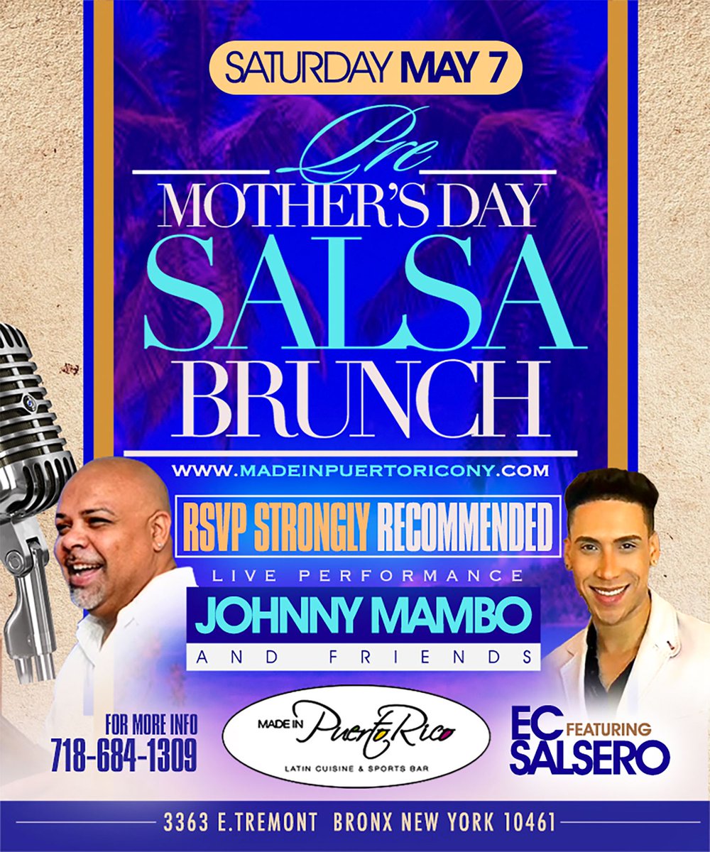 ECSALSERO's tweet photo. TODAY HOY 1-5PM JOIN US TODAY MOTHERS DAY EVE!!! From 1-5PM @madeinpuertoricobx 3363 e Tremont Ave ... Singing with live band @johnnymamboandfriends #singer #cantante #banda #ecsalsero #johnnymambo&amp;friends #madeinpr #mothersdayeve https://t.co/SQxLilT3cr