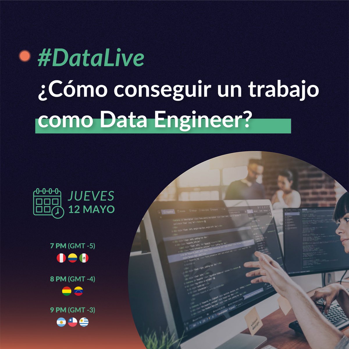 datapath_ai's tweet photo. ‼️LIVE‼️
📌#𝐃𝐚𝐭𝐚𝐋𝐢𝐯𝐞 "¿𝐂𝐨𝐦𝐨 𝐜𝐨𝐧𝐬𝐞𝐠𝐮𝐢𝐫 𝐮𝐧 𝐭𝐫𝐚𝐛𝐚𝐣𝐨 𝐜𝐨𝐦𝐨 𝐃𝐚𝐭𝐚 𝐄𝐧𝐠𝐢𝐧𝐞𝐞𝐫?" ✨

📆 𝑱𝒖𝒆𝒗𝒆𝒔 12 𝒅𝒆 𝑴𝒂𝒚𝒐
⌚ 7:00 pm (GMT-5)

👉Regístrate aquí:
https://t.co/2kcb6oLWhD https://t.co/xWqSrBBjUg