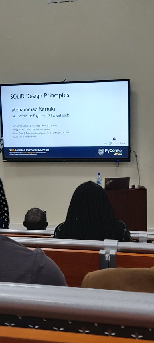 WambuiBecky_'s tweet photo. @pyconke2022  a bomb session on 
SOLID Design Principles👌🔥 by @MohammadKariuki
Single responsibility Principle 
Open and closed Principle
Liskov's substitution Principle
Dependency inversion Principle
#PyConKE2022 #pyconke https://t.co/sh2ldIr5yZ