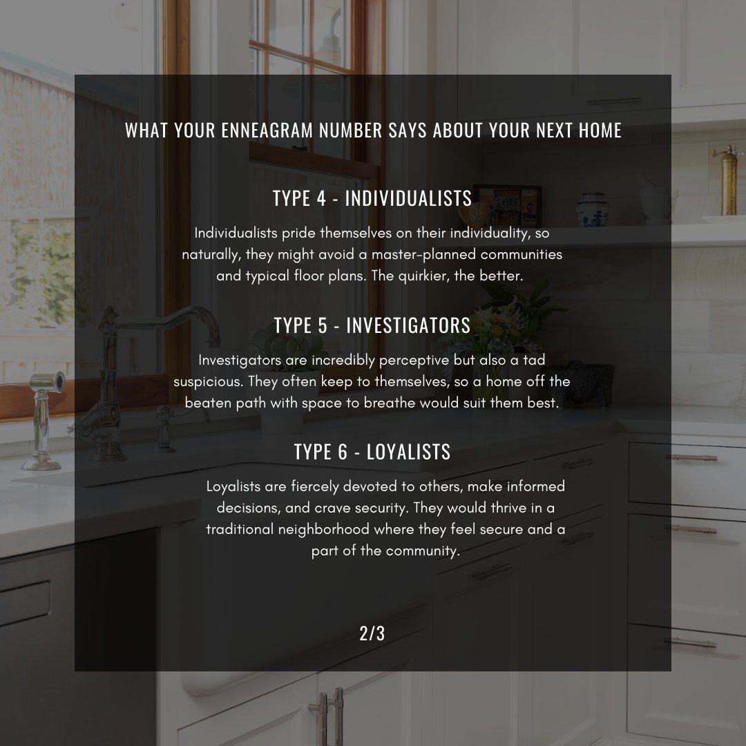 lookwithcook's tweet photo. Enneagram. If you know, you know. If you don't, you should. (Seriously. Google it, take an assessment, and then come back to see how your Enneagram may help guide your home search.) ⁣
⁣
Know your type already?  Here’s what it says about your next home:⁣ https://t.co/cpzYwiK7uk