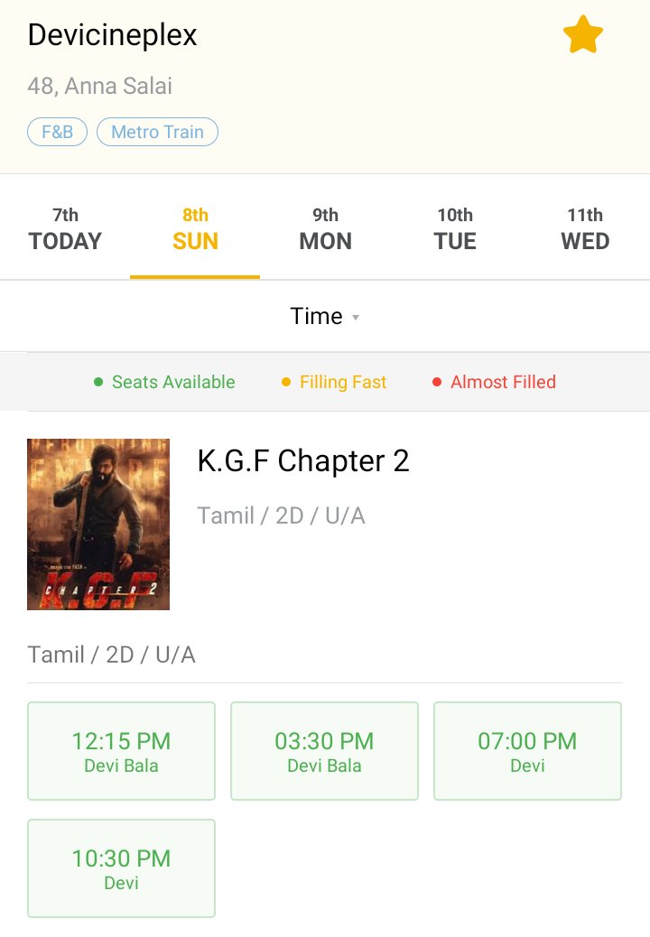 i_RA_Anand's tweet image. Now #DeviBala Added Noon show for #KGF2 on sunday

#Chennaicity = 21 screens, 63 sh
#Chengalpattu = 65 Screens,187 sh

City+Cgl = 86 Theatres, 250 Shows