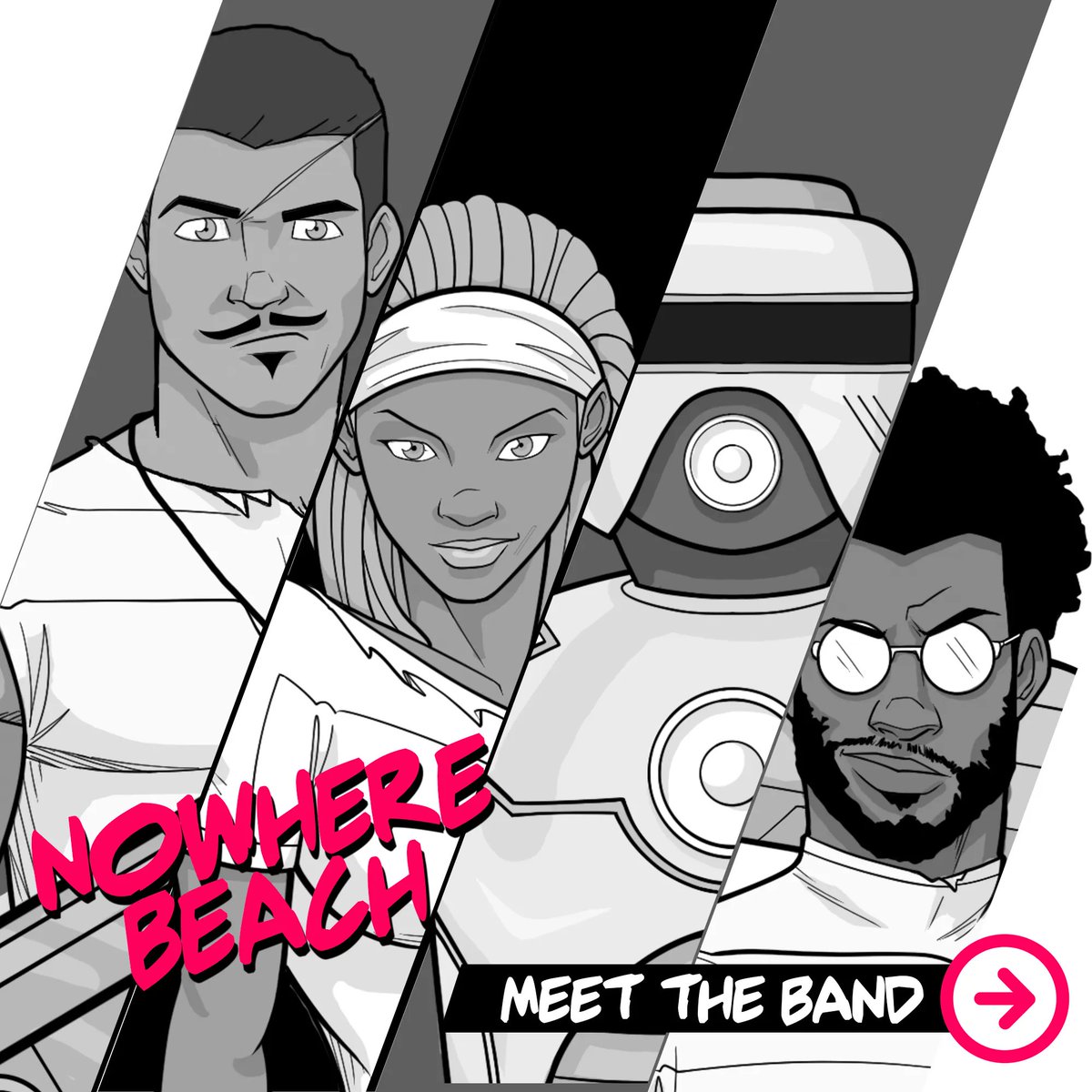 nowhere_beach's tweet photo. We're new here. Come meet the band, find out where we come from and what we're all about. 🦑⁠
⁠
Nowhere beach is a political hip hop group from the future, sending warning tracks back in time to save humanity. ⁠⁠
⁠
#politicalhiphop #comicartist #indycomics⁠
#rapartists https://t.co/1XBjtFAomX