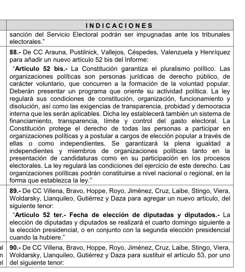 josefina_delaf's tweet photo. OJO: Se repuso, vía indicación, en el capítulo de Servicio Electoral, parte importante del artículo 63 sobre organizaciones políticas que defendieron independientes. También el que proponía la elección del Congreso en la 2da vuelta presidencial. https://t.co/AkQajhoBLv