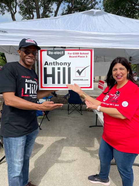 Hill4CISD's tweet photo. Great seeing you at the polls Sangeeta Bachani - thanks for your support! 
#workingforeveryone https://t.co/zG4PzEVlAA