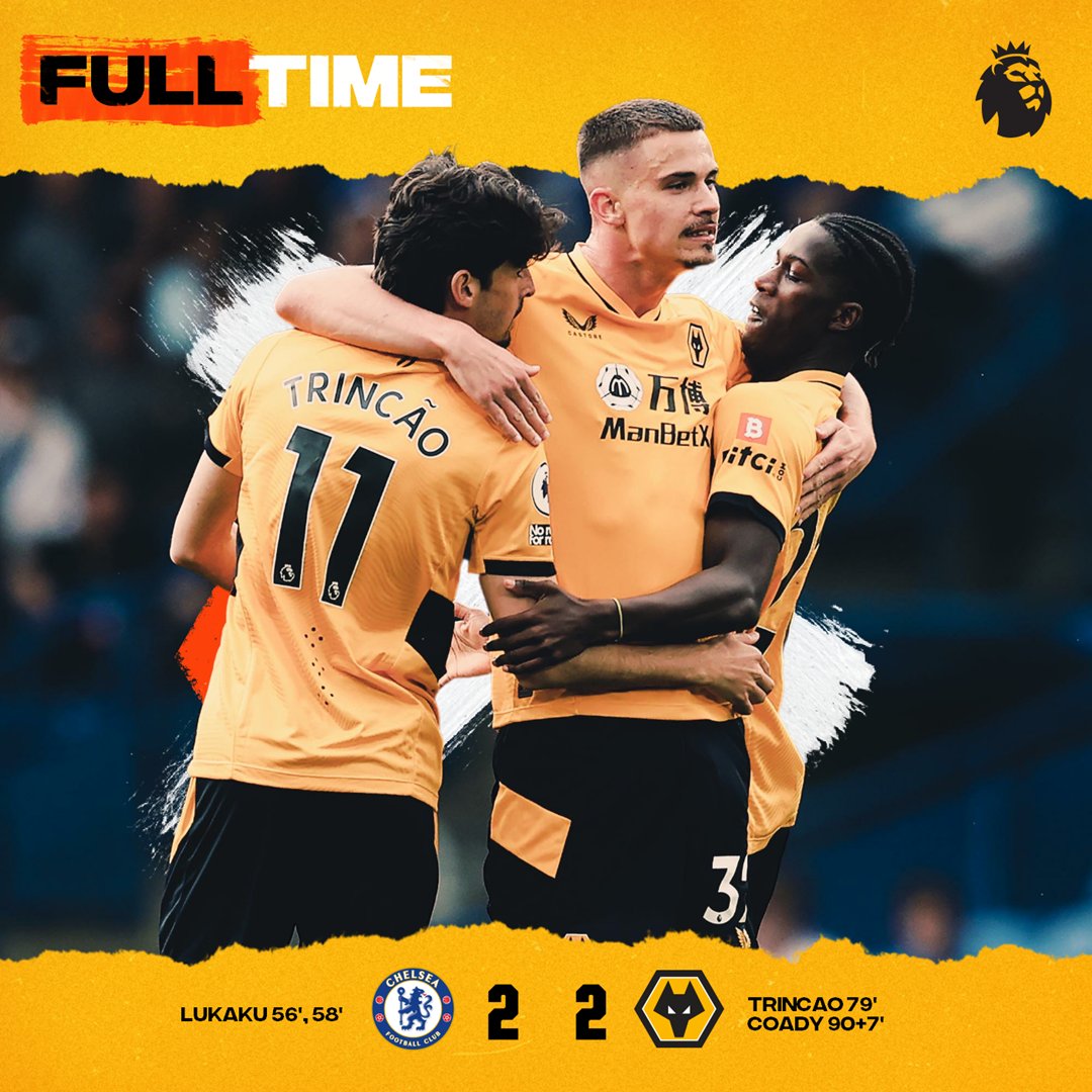 Wolves's tweet photo. FT | #CHE 2-2 #WOL

A late rally at @ChelseaFC and we take a point back to Molineux 🙌 #CHEWOL 

🐺⏱ https://t.co/GYFtupBkap