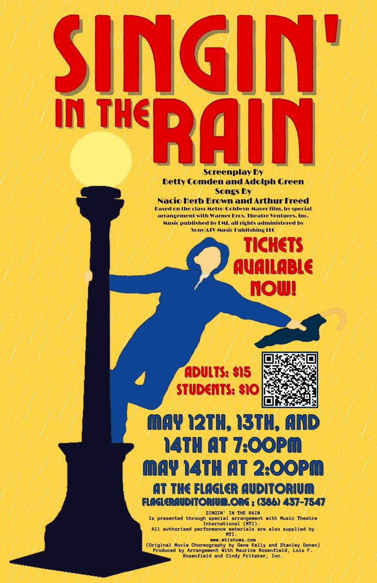 The FPC Thespians Club cordially invites you to our production of "Singin in the Rain" at the Flagler Auditorium May 12-14 at 7pm and Matinee May 14 at 2pm.  Tickets are $15 for adults and $10 for students. TIckets available online at: etix.com/ticket/e/10266….