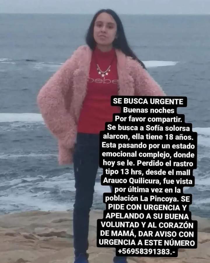 JupeZNC's tweet photo. Ayuden con un RT la hija de un amigo esta perdida, su nombre es SOFÍA, se perdió su rastro ayer en el @MallAraucoQuili @AlertaQuilicura @SrDatos @Carabdechile @biobio #Quilicura https://t.co/92xt3cGbn2