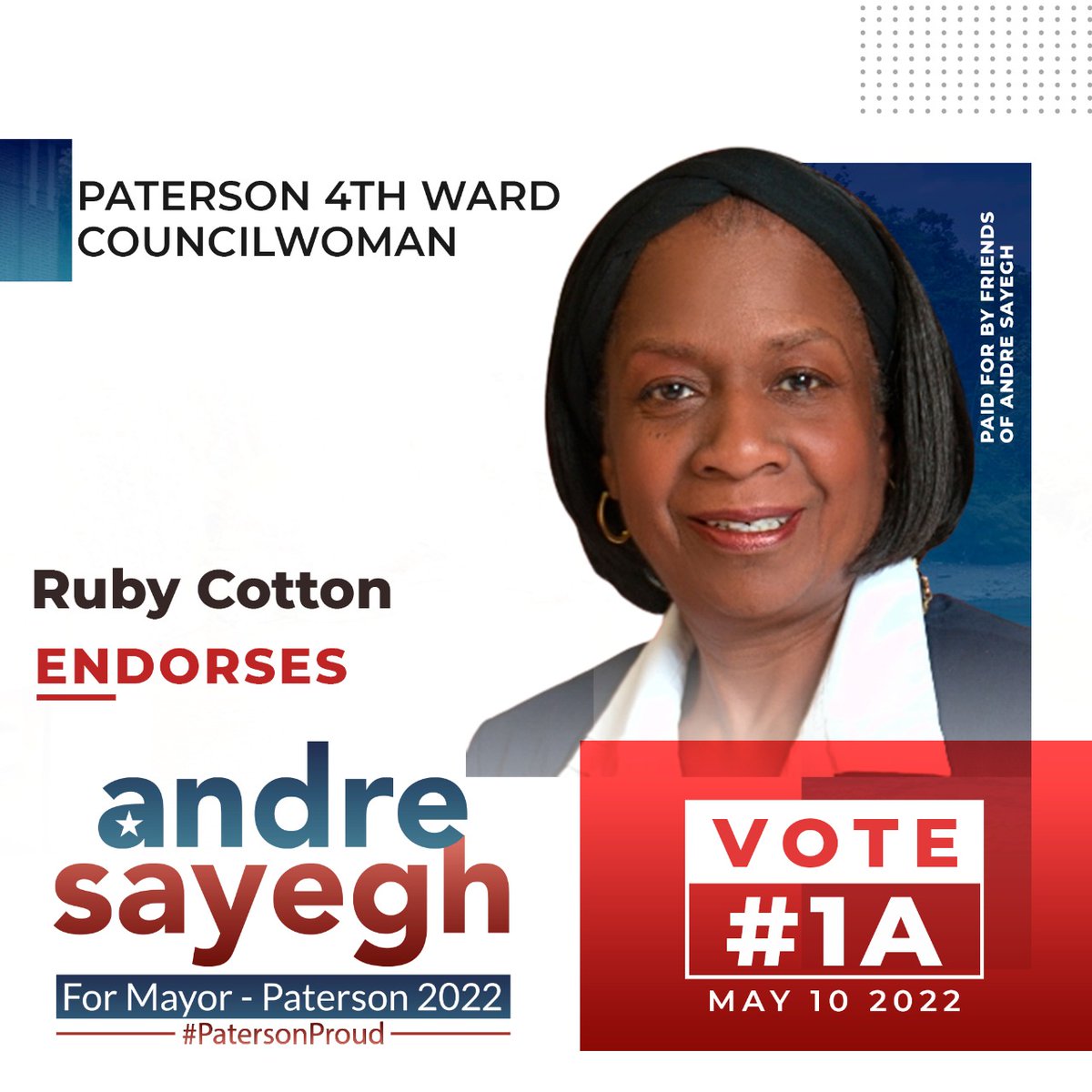 I am honored to receive an endorsement from 4th Ward Councilwoman Ruby Cotton. Her endorsement and trust in my vision for the progress of Paterson means a great deal to me.