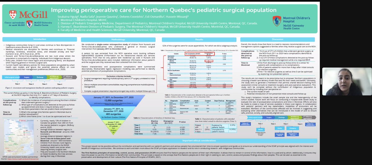gsurgstudents's tweet photo. Our 2nd presenter today is Soukaina Hguig on perioperative care in Northern Quebec for the pediatric surgical population @McGillGHP
#GSSAVSOMSYM22
#GSSASymposium https://t.co/Pg8jtPrF9T