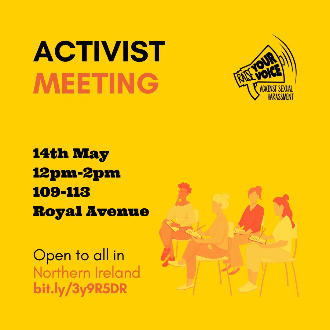 RaiseURVoiceNI's tweet photo. If you are passionate about ending sexual violence, we want to hear from you!  

We are hosting an in-person activist meeting on Sat 14th May at 12pm. 
Come along to find out more about the RYV project and how you can get involved!

Register here 👇
https://t.co/Jz8qTfshVM https://t.co/AVWjBpQDH7