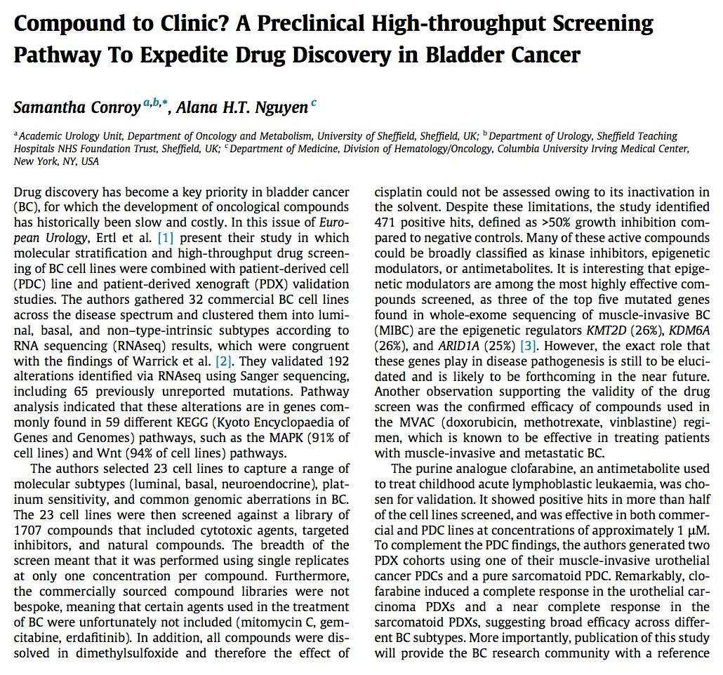 EUplatinum's tweet photo. New Platinum Priority Editorial from Samantha Conroy and @NguyenAlana

Compound to Clinic? A Preclinical High-throughput Screening Pathway To Expedite Drug Discovery in Bladder Cancer

https://t.co/6ogZOpCVVz https://t.co/K8IRLf64Yw
