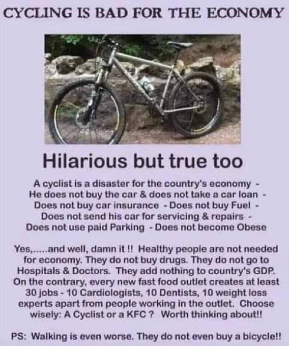 Bizzooka's tweet photo. @5chw4r7z Sorry but you and your fellow cyclists are killing the economy!! https://t.co/sc2hQSwlYz