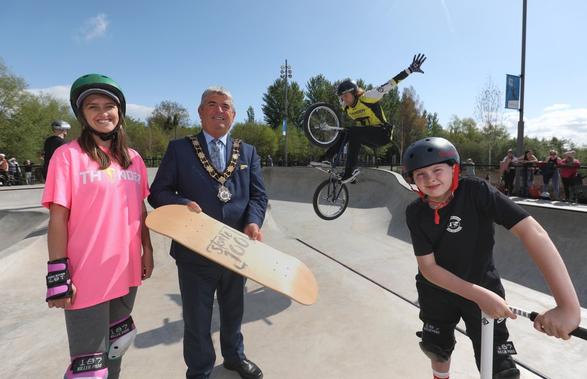 cllrbwebb's tweet photo. What an amazing #Skate100 launch @V36! Thanks to everyone who came along and performed. @Councillor Paul Dunlop BEM, Chairperson of the Antrim and Newtownabbey PEACE IV P'ship and I officially kicked off celebrations by unveiling the plaque at the £750,000 urban sports park! https://t.co/RBzueyFRrY
