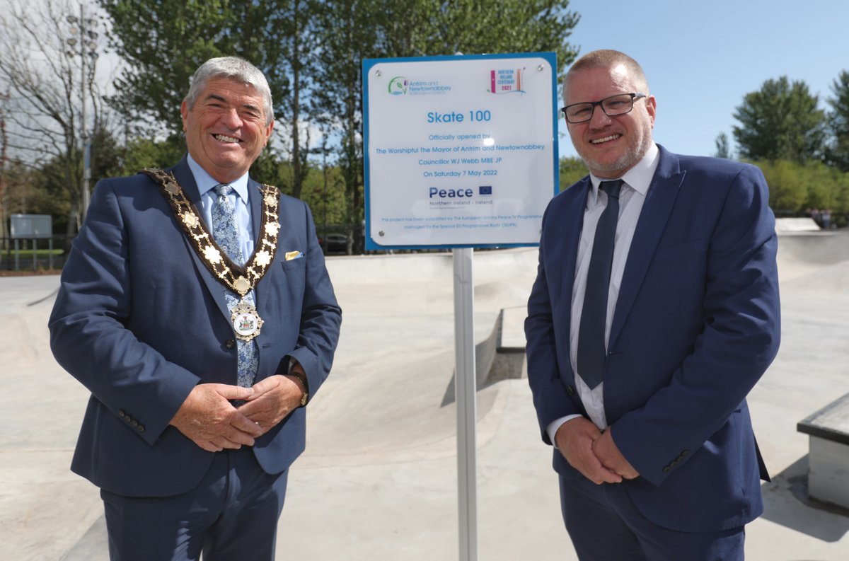 What an amazing #Skate100 launch @V36! Thanks to everyone who came along and performed. @Councillor Paul Dunlop BEM, Chairperson of the Antrim and Newtownabbey PEACE IV P'ship and I officially kicked off celebrations by unveiling the plaque at the £750,000 urban sports park!