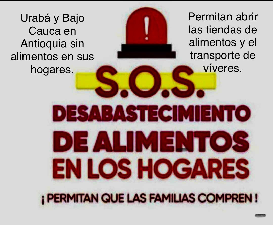 omabe19's tweet photo. @GobAntioquia @COL_EJERCITO @Teleantioquia @PoliciaColombia @infopresidencia @estebanquincar @RodolfoCorreaV La población civil de Urabá y Bajo Cauca en Antioquia están necesitando apoyo para abastecerse de alimentos, el comercio de productos de primera necesidad está cerrado. https://t.co/hP3QBYafUl