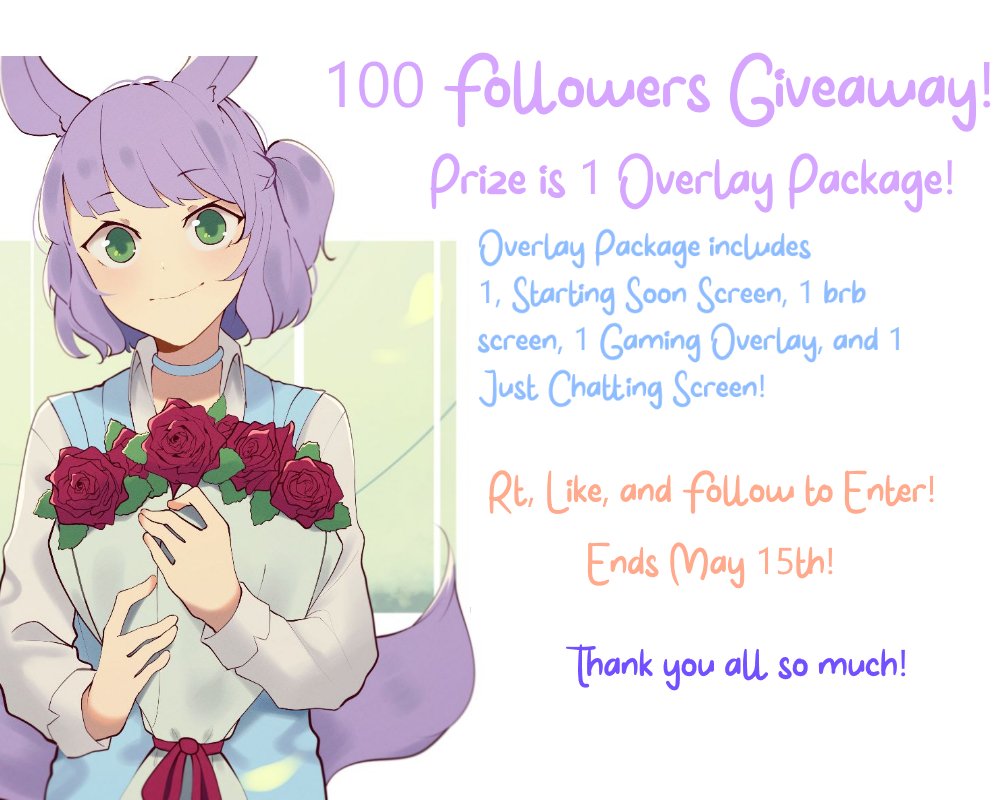 nanalavenders's tweet photo. 💜100 Followers Giveaway!💜
🌼Prize is 1 Overlay Package!
🌻Rt, Like, and Follow to Enter!
🌺Drop your PNG for an extra entry~
🌹Ends May 15th!
💜Thank you all so much! I love each and everyone of you!💜
#VTuberEN #Vtuber https://t.co/O4HWVkMqyB