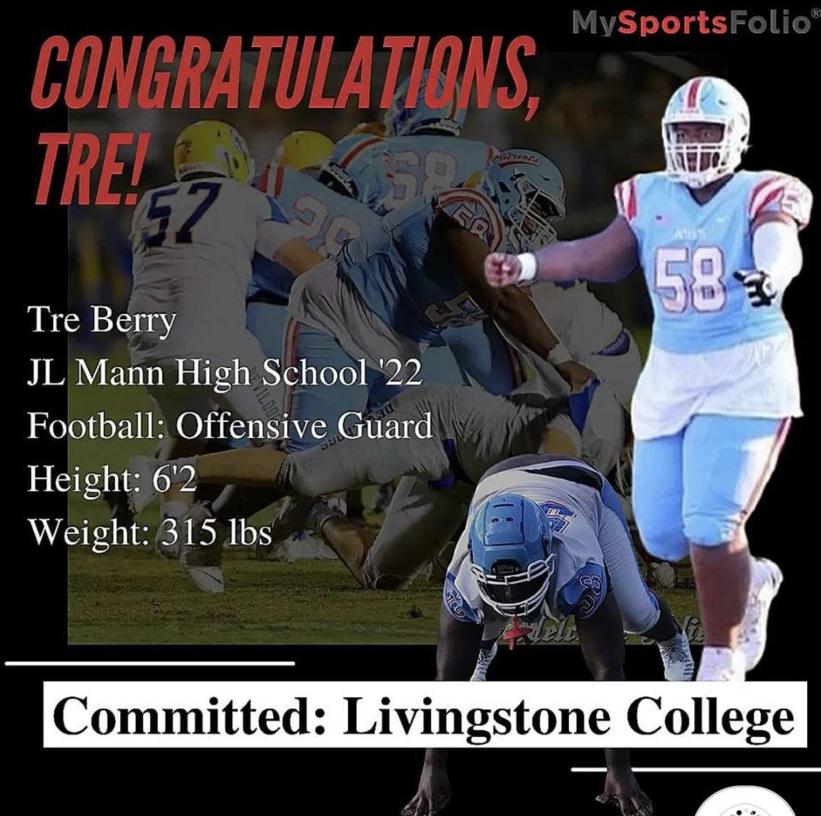 Commitment Alert!!! Congrats to Tre Berry on his commitment to Livingstone College!!! The MySportsFolio Team #collegeready #studentathlete <a href="/AthleticsJl/">JL Mann Athletics</a> <a href="/CoachWatson_48/">Scoot Watson</a> <a href="/RoiBerry/">Tre’ Berry</a> <a href="/JLMannFB/">J L Mann Football</a>1 @JLMannFB <a href="/LivingstoneFoo1/">LivingstoneFoo1</a>