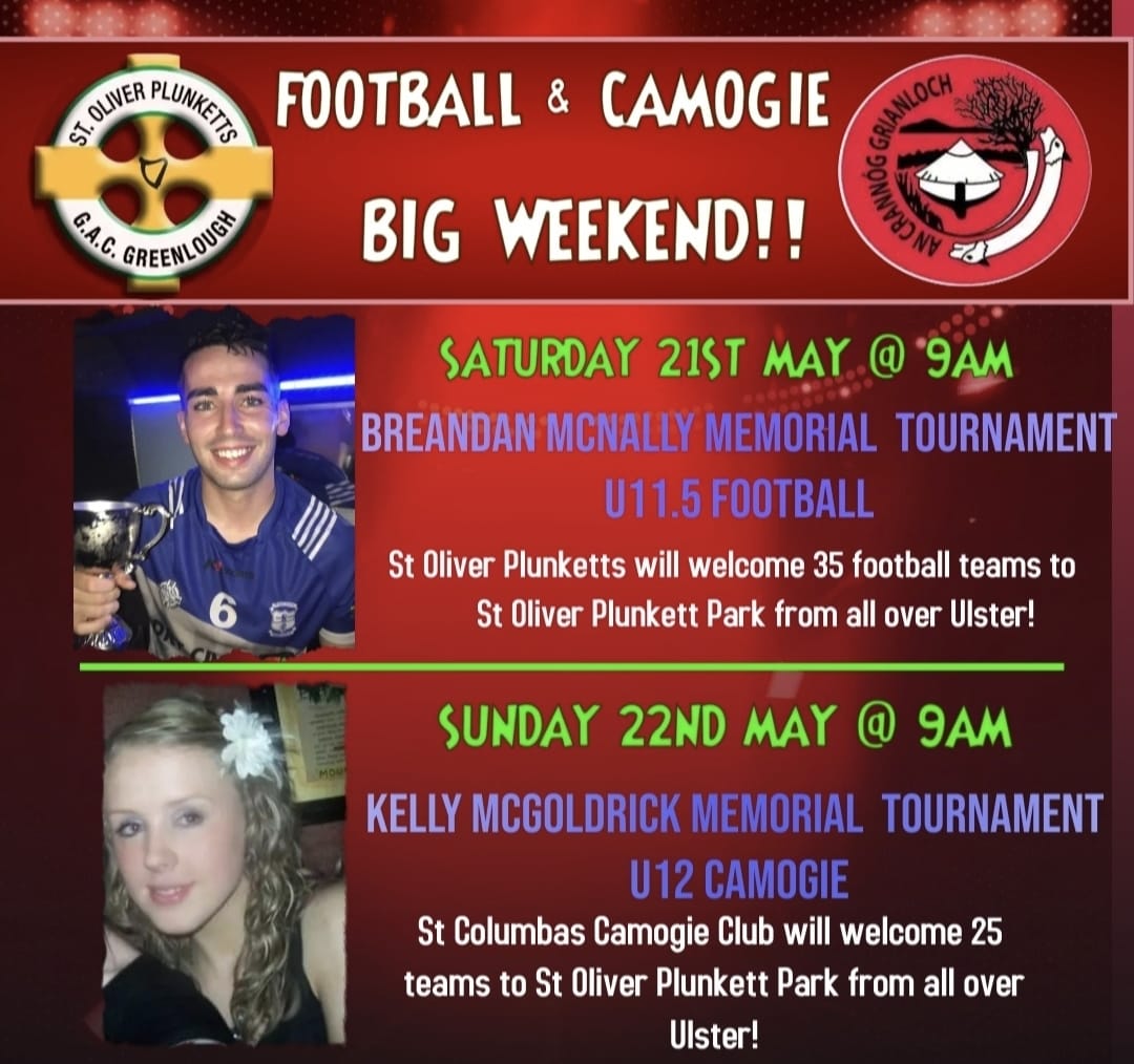 GreenloughGAC's tweet photo. A Massive weekend coming up on 21st &amp; 22nd May 🔴⚫ We will welcome 60 Clubs from all corners of Ulster to Oliver Plunkett Park to take part in the Breàndan McNally Memorial Football tournament and the Kelly McGoldrick Memorial Camogie Tournament...... #Breandy #Kelly #UTL https://t.co/xHgl5cxJ09