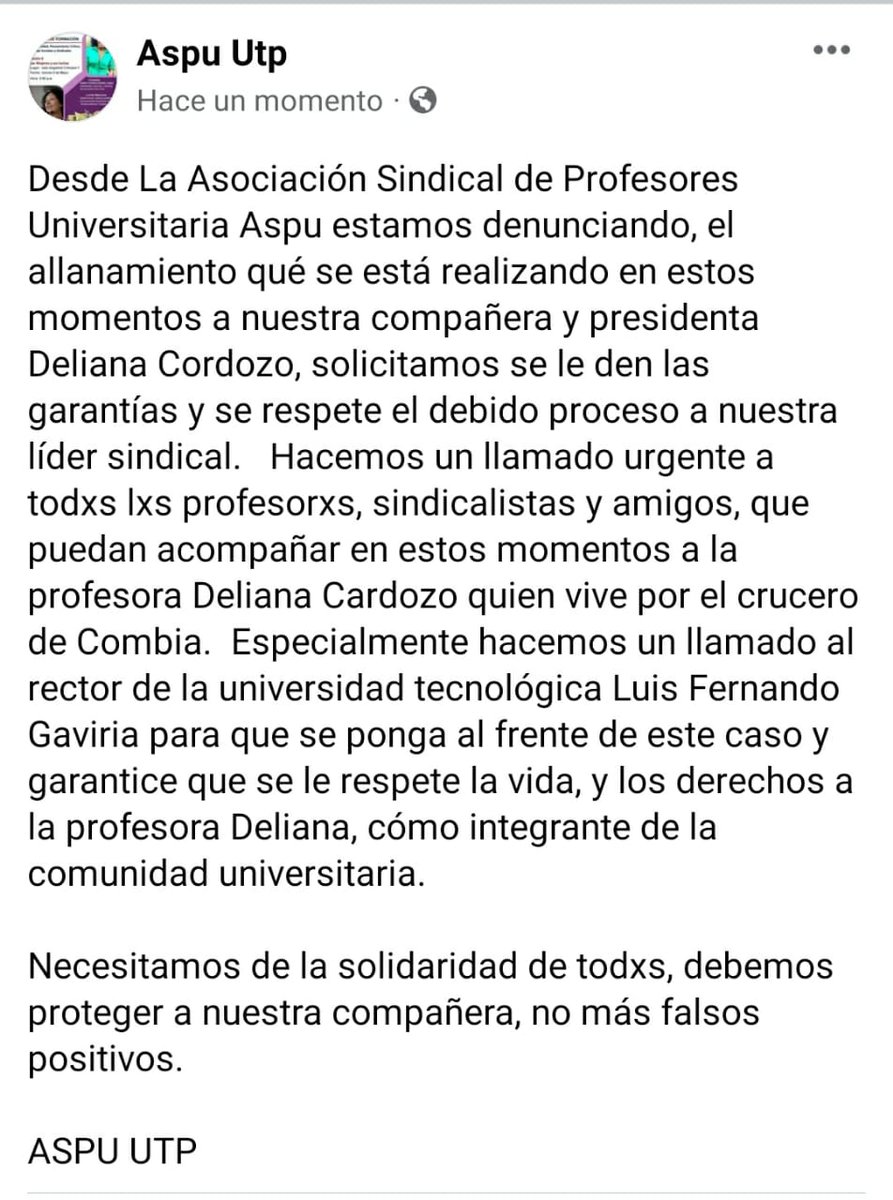 JucoRisaralda's tweet photo. ⚠️ PEREIRA⚠️

24 policías y 1 helicóptero para ALLANAR a la presidenta de ASPU UTP, líder sindical y defensora de derechos humanos.

Llamamos a las organizaciones defensoras de DDHH y al min. público para garantizar su debido proceso.

¡No más falsos positivos!
¡No + persecusión! https://t.co/GFKKbnEOZr