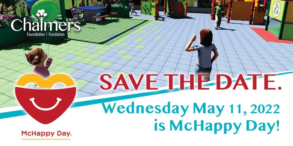 SAVE THE DATE: Wed., May 11 is McHappy Day in #Fredericton. Purchase a Big Mac, Happy Meal or Hot McCafe Beverage to support the Outdoor Pediatric Play Area Project at <a href="/HorizonHealthNB/">Horizon Health Network</a>'s DECRH and <a href="/RMHCAtlantic/">RMHC Atlantic / l’OMRM Atlantique</a>. Chalmers Foundation - 100% of your donations stay in our community.