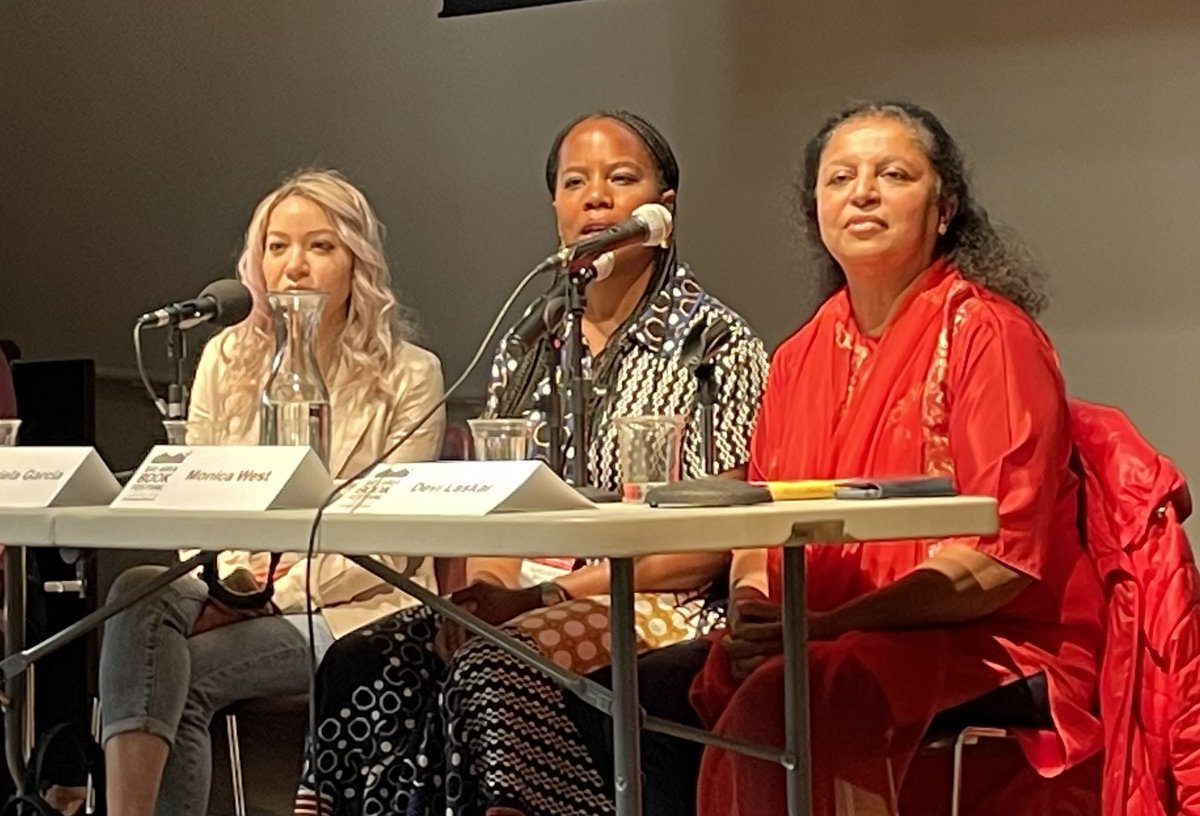 JenniferNorris2's tweet photo. Wonderful panel of women writers speaking about the importance of representation on literature. Gabriela Garcia, Devi Laskar and Monica West at The Magnes Museum ⁦#BayBookFest⁩ ⁦#magnes⁩ https://t.co/qD53x91z78