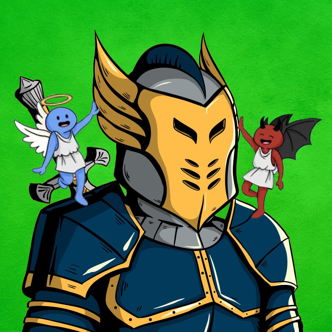 😇Who should this Knight listen to, his Angel part or his Devil part?👿
Good think <a href="/AngelsDevilsNFT/">Angels & Devils NFT</a> have agreed to put aside their differences in the Metaverse and he can listen to them both👀

What do you think they are whispering to our Knight?

 #NFTCommmunity #NFTCollection