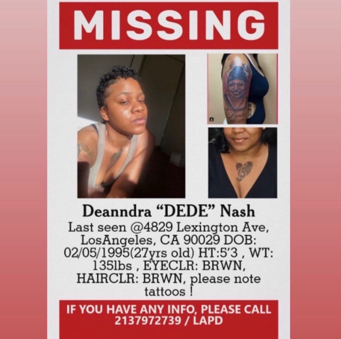 northridgeblm's tweet photo. ‼️PLEASE DONT SCROLL‼️ 

Deanndra “Dede” Nash was last seen on March 17, 2022 and since she’s been reported missing @LAPDHQ has been taking their time to investigate and get to the bottom of her whereabouts!! #bringdedehome 

🚨PLEASE KEEP SHARING &amp; REPOSTING 🚨 #blackwomenmatter https://t.co/NAFGc6rgIl