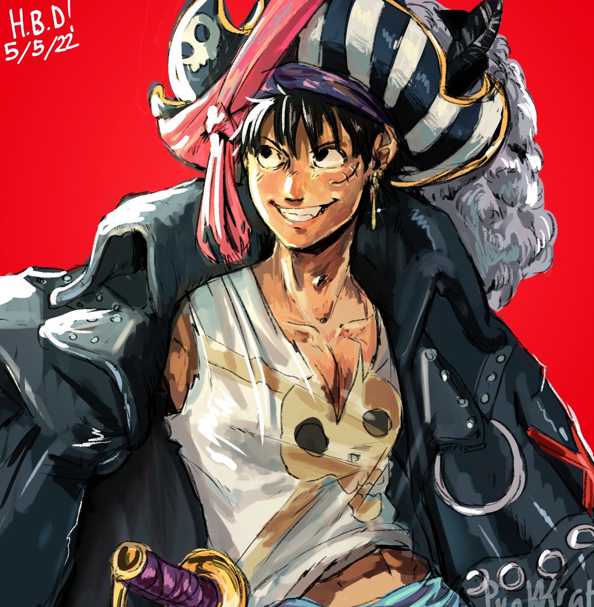 fanart of Luffy from one piece on a bright red background. He's wearing his film's red clothing that are a big leather jacket over his shoulders with many metal loops, a white shirt with a beige skull covering a big part of it, and a blue-cyan cloth around his hip. Instead of his straw hat there's a pirate hat with white stripes on the right underside and a small skull at the top left of it. A pink bandana is tied around the hat. He is looking at the left with a smile. At the top left of the drawing it's written " Happy Birthday. 5/5/22 ".