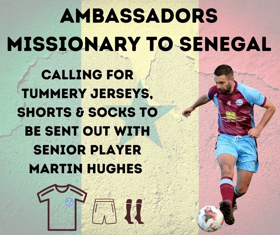 TummeryFC's tweet photo. We are calling on all Tummery Athletic friends and family to donate and unused Tummery Athletic kit (jersey, shorts &amp; socks).

They will be sent out with Martin Hughes as part of the Ambassadors Missionary Tour of Senegal.

If you have any kit please get in contact with us. https://t.co/cdt0BPNJOd