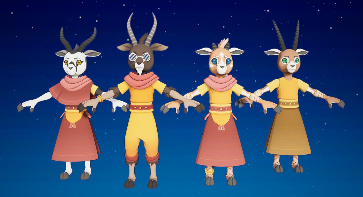 As a small team, we always try to find smart ways to build an engaging world full of interesting characters. 
Here's an example of how we can adapt one base through mixing and matching parts of the outfits, fur patterns and horns, to create a lively community. 
#gamedev #indiedev