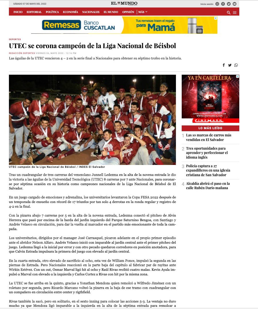 LNB_SV's tweet photo. #CopaFESA2022🏆⚾️ Compartimos la nota de @ElMundoSV https://t.co/qI1qeEFZrL