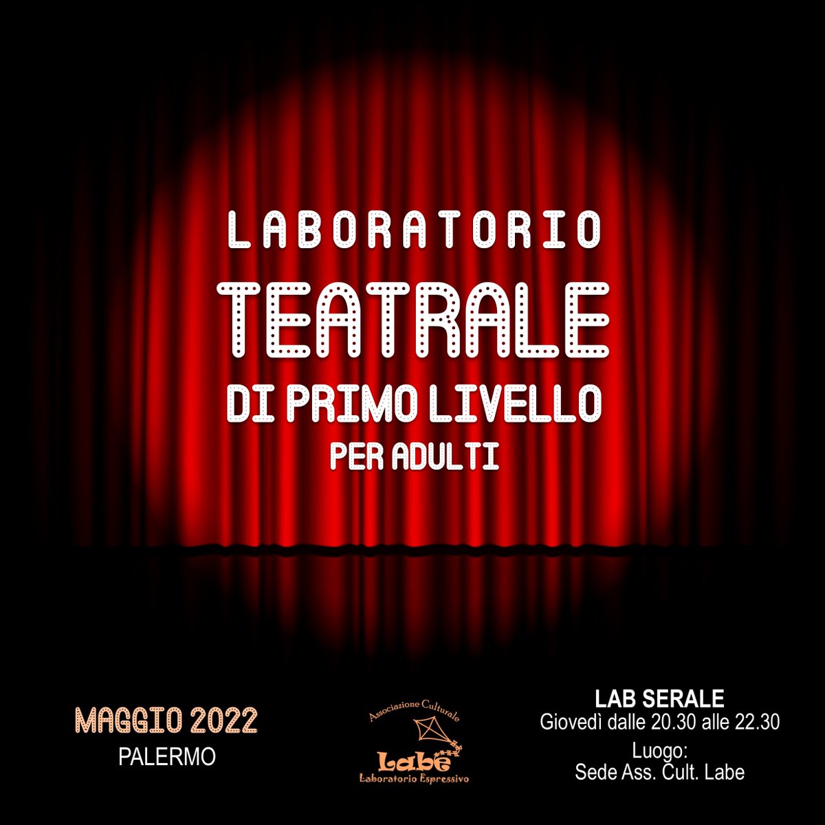 labeteatrale's tweet photo. LABORATORIO SERALE: Inizio giovedì 12 maggio (20.30 /22.30)
👉 Ultimi posti. Per info scrivere a: labeculturale@gmail.com
#Palermo #teatro #laboratorioteatrale #corsoditeatro #corsipalermo #recitazione https://t.co/8UlXKa3sB0