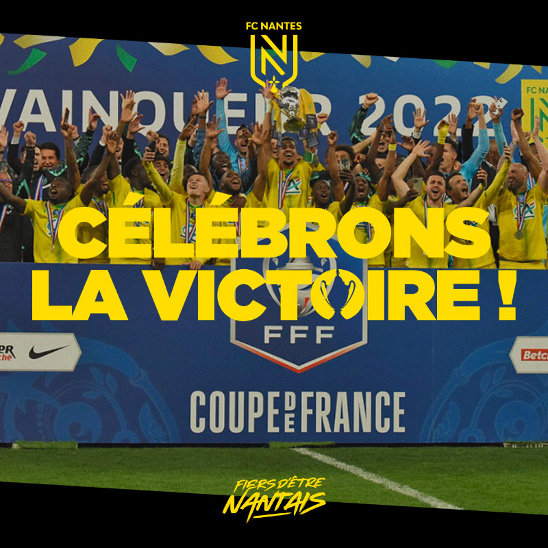 FCNantes's tweet photo. CÉLÉBRONS LA 𝐕𝐈𝐂𝐓𝐎𝐈𝐑𝐄 ! 🎆

Parce que ce trophée est aussi le vôtre, venez célébrer les vainqueurs de la Coupe de France 2022 !

#OnEstNantes