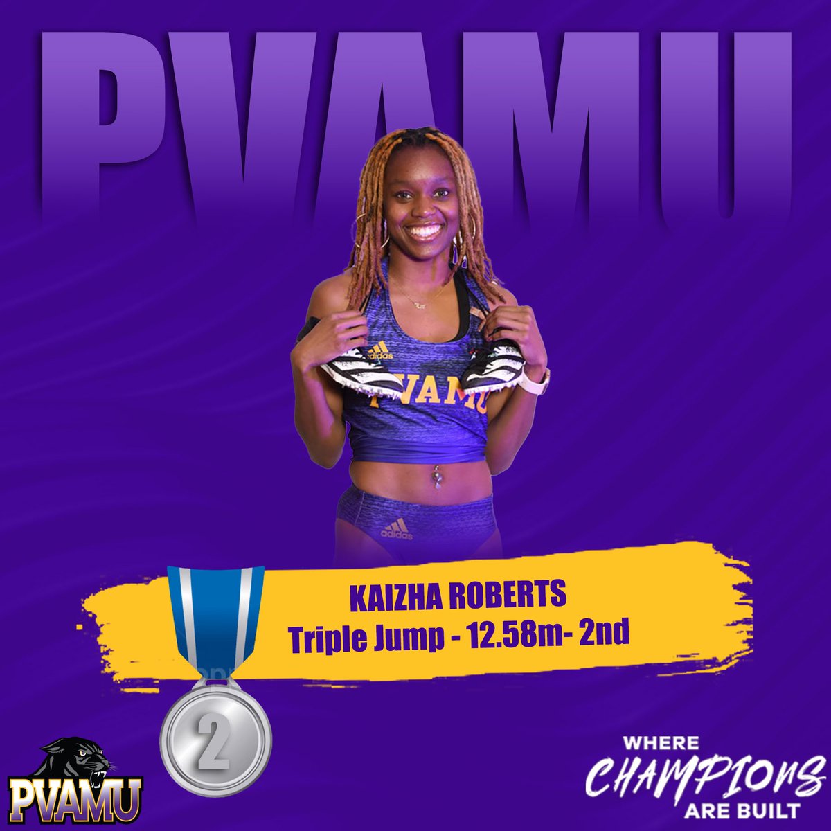 PVAMUPanthersTF's tweet photo. ๐๐พ๐๐พ
@kai_zha2017 takes second in women's triple jump, leaping 41-03.25 (12.58m)!
#pvamutf ๐จ https://t.co/WrhbeqLQCd