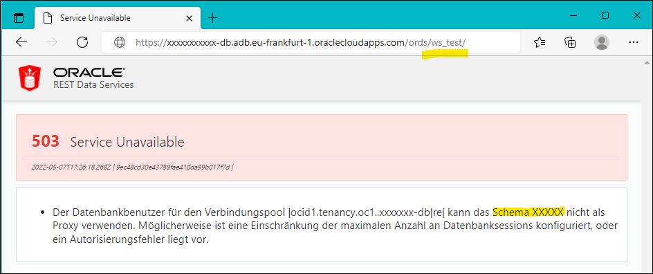 lukas_hh's tweet photo. @OracleREST if you call the URL "..../ords/<workspace-name>/" then ORDS prints the DB parsing schema on the error page. Tested on Always Free Cloud, ORDS 21.4.2.r0621806, Oracle APEX 21.2.6. Do you need this internally or why can I use the workspace name there? https://t.co/MyqsOH3bBy