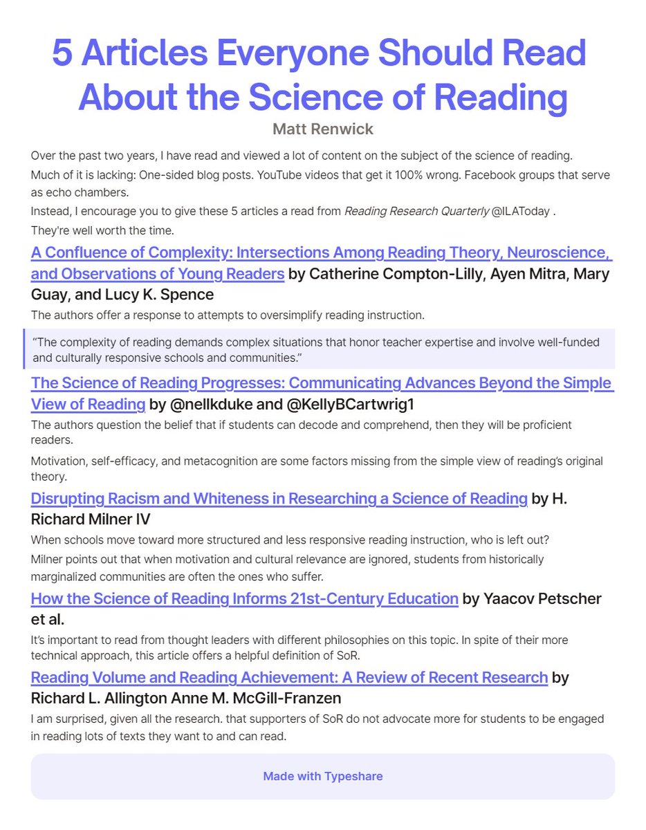ReadByExample's tweet photo. Over the past two years, I have read a lot of content on the subject of the #scienceofreading.

Much of it is lacking, often one-side or even 100% wrong.

Instead, I encourage you to give these 5 articles a read from Reading Research Quarterly. @ILAToday https://t.co/kknAYJmQyw