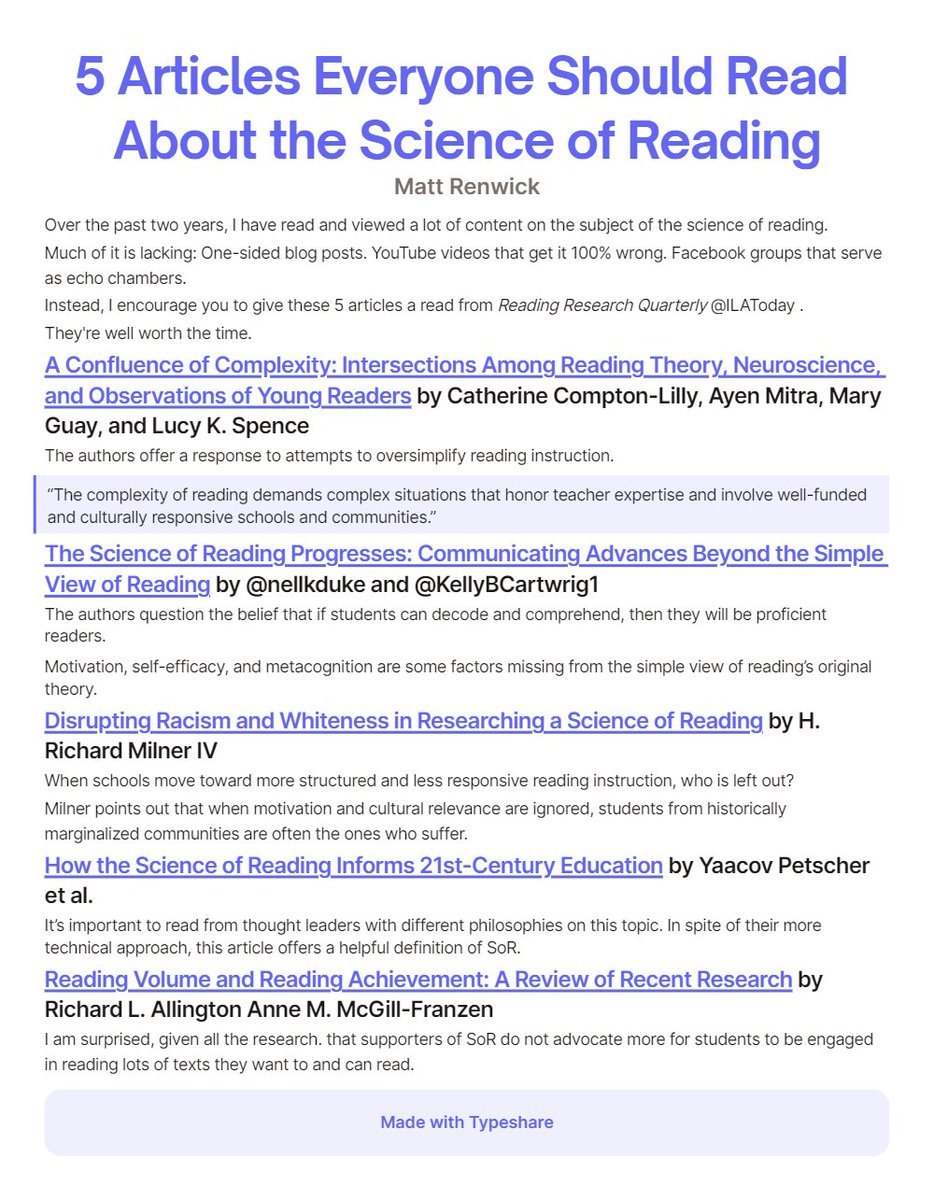 Over the past two years, I have read a lot of content on the subject of the #scienceofreading. Much of it is lacking, often one-side or even 100% wrong. Instead, I encourage you to give these 5 articles a read from Reading Research Quarterly. @ILAToday