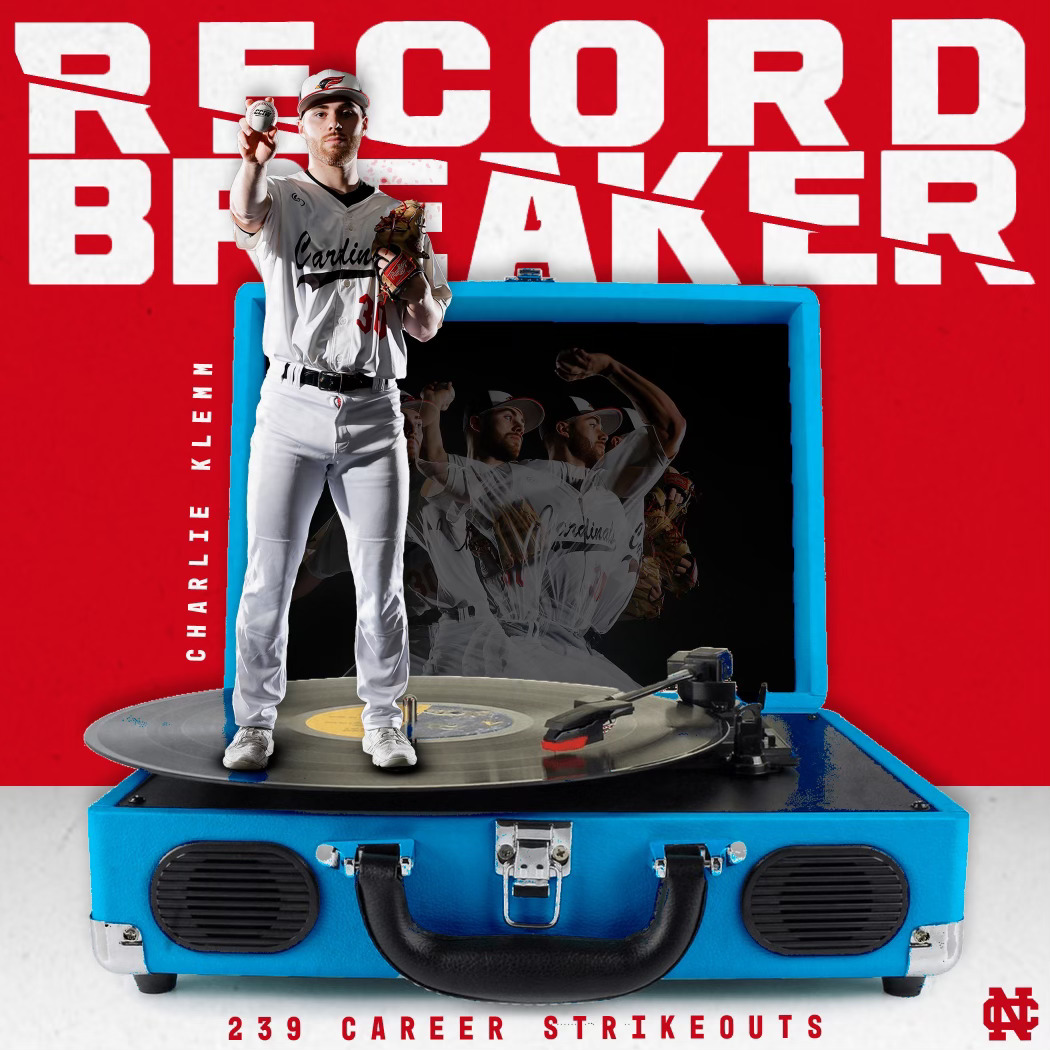 NCC_Athletics's tweet photo. With his first strikeout of today's game against Carthage, @nccbaseball pitcher Charlie Klemm broke Ben Krusen's '15 record for most career strikeouts in program history with 239!

#WeAreNC #W2W #d3baseball https://t.co/wG4kB02OMr