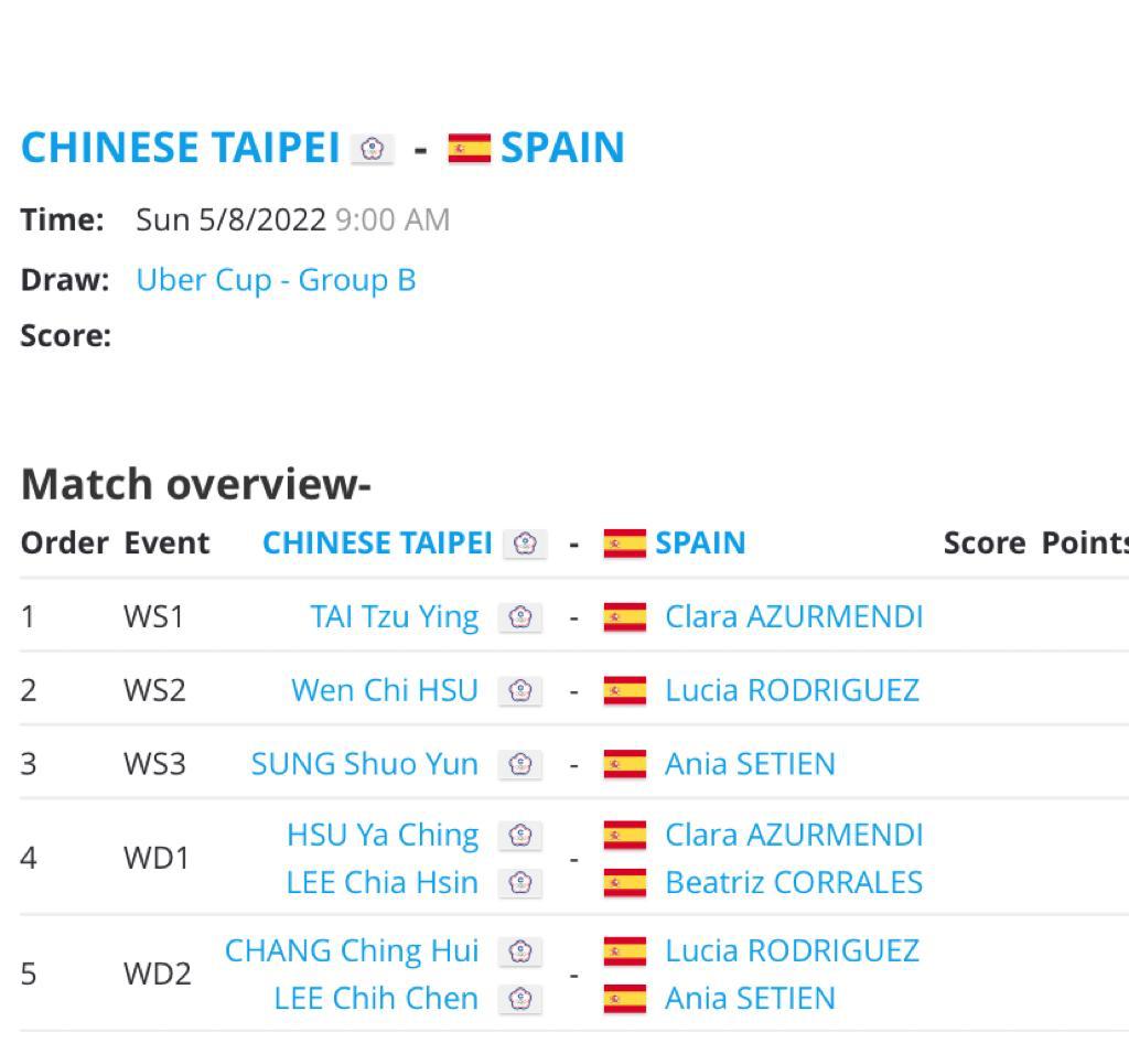 BadmintonESP's tweet photo. 🚨 Ya conocemos los cruces para el debut 🇪🇸 en la #UberCup

⏰‼ 4:00h (horario de España)

Esta madrugada... ¡dormir es de cobardes!

📋 https://t.co/CsRZcmWyT0
📰 https://t.co/L7OrkCwJky https://t.co/d4kjvG6vbj
